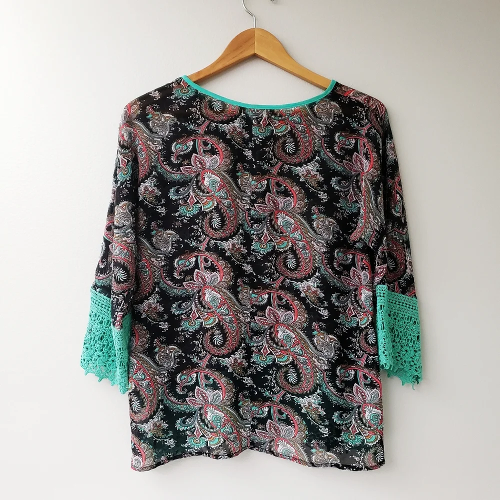 Altar'd State Boho Tunic Lace Green Black Small - Picture 4 of 7